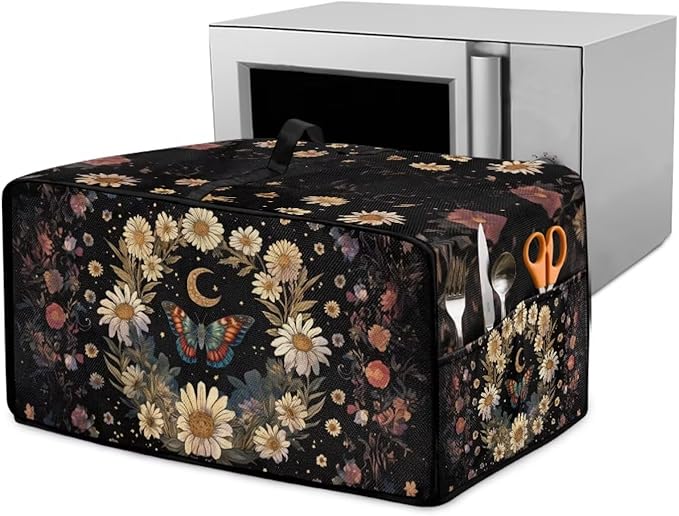 Vintage Daisy Butterfly Moon Print Toaster Oven Cover with Storage Bags Dust Cover for Microwave Oven Polyester-Linen Small Appliance Dust Covers Fits Most Microwaves, S