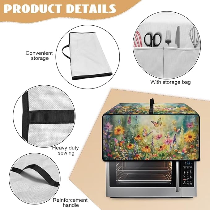 Microwave Oven Dust Cover with Storage Bags Waterproof Microwave Oven Grill Cover Protector Universal Reusable Decor Accessories for Kitchen, Vintage Daisy Sunflower Floral Butterfly Print, L