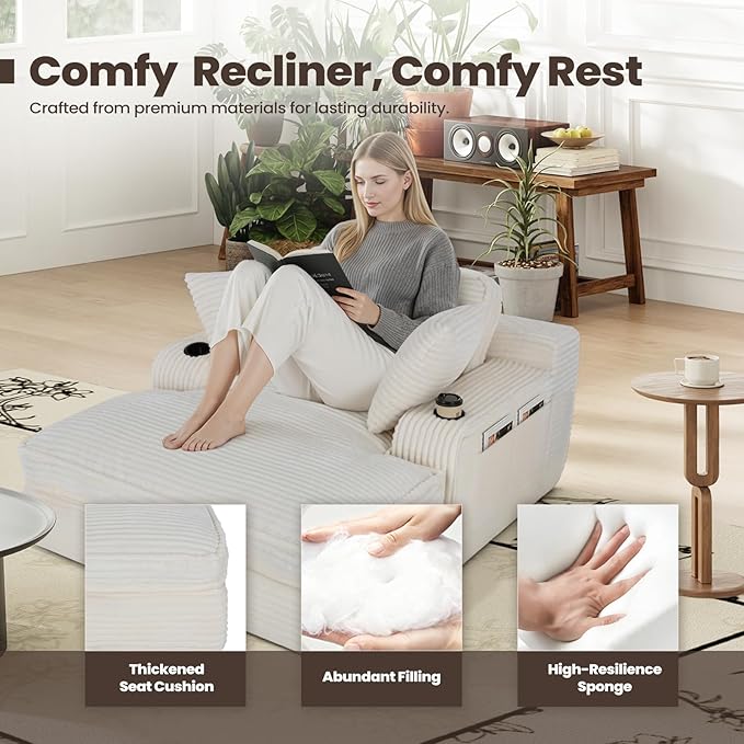 67" Chaise Lounge Chair Indoor, Cozy Oversized Fluffy Sofa with Cup Holders & Throw Pillows, Boneless Sleeper Cloud Couch for Living Room, Movie Room and Apartments, Beige
