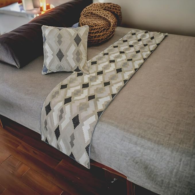 The HomeCentric King/Queen/Twin Beige Decorative Bed Runner King 90"x18" Bed Runner Without Pillow Cover, Embroidery,Aztec Bed Scarf on Linen Fabric - Thread Tale