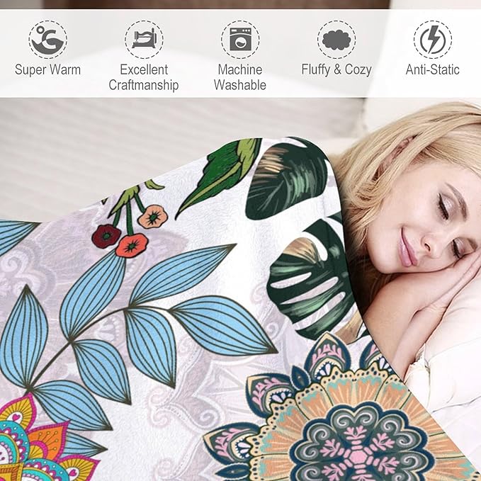 Boho Flowers Blanket for Women Girls, Rustic Bohemian Mandala Palm Leaves Plants Botanical Print Blanket for Bedroom Living Room Couch Sofa, 50"x60"