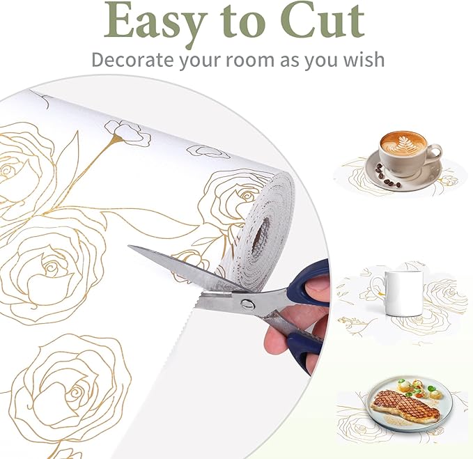 Shelf Liners for Kitchen Cabinets 17.5in x 20FT Non Adhesive Drawer Liner Gold Floral Thickened Shelf Liner Paper Strong Non-Slip Easy to Clean for Tool Box Refrigerator with Knife and Tape Measure