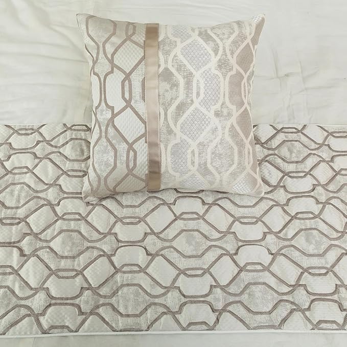 The HomeCentric King/Queen/Twin Ivory & Silver Decorative CA King 86"x18" Bed Runner with Pillow Cover, Lattice & Quilted Bed Scarf on Jacquard Silk Fabric - Ivory Delicacy