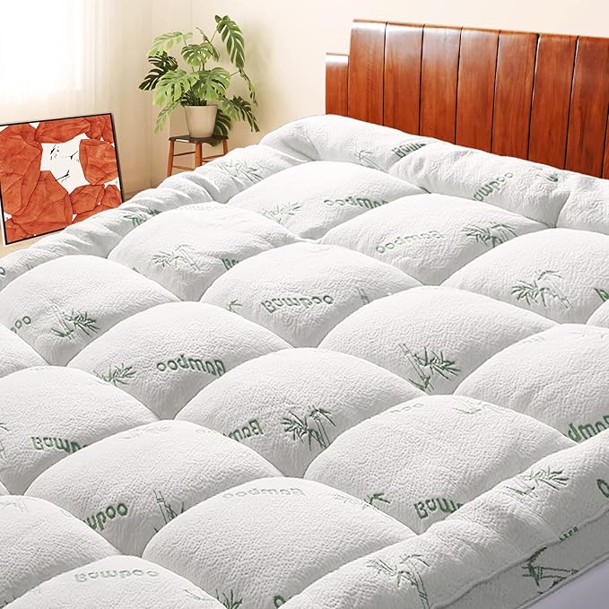 Mattress Topper King Size, Cooling Thick Breathable Viscose Made from Bamboo Mattress pad, Soft Quilted Fitted Mattress Cover with Down Alternative Fill (8-21”Deep Pocket)