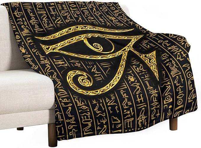 Ancient Egyptian Blanket, Egyptian Eye of Horus Ancient Culture Golden Egyptian Hieroglyphs Alphabet Print Blankets for Couch Sofa Bed Boys Mens, 40"x50"