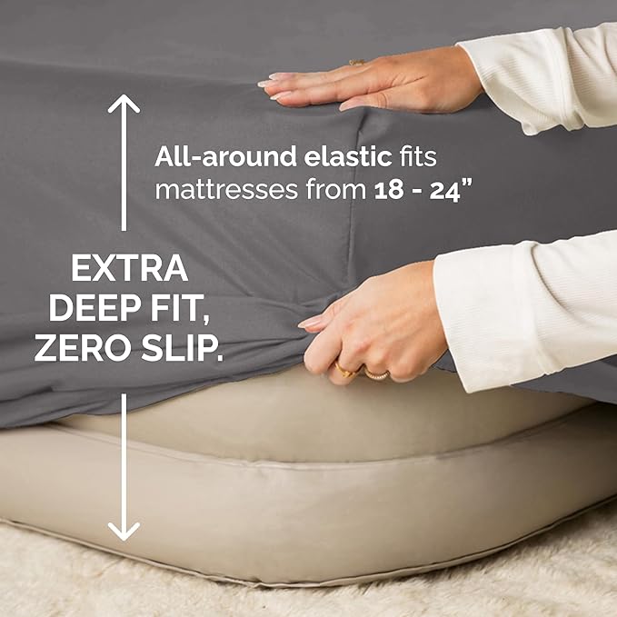 Air Mattress Sheet Set for King Size - 4 Piece Breathable & Cooling Sheets w/Extra Deep Pockets - Fits Inflatable & Blow Up Air Mattresses Up to 24 Inches Thick - Soft and Wrinkle Free - Dark Grey