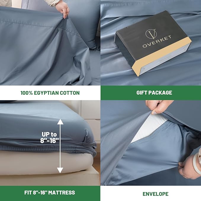 100% Egyptian Cotton Sheets King Size 4PCS 1000 Thread Count Sateen Weave Soft Breathable 16-Inch Deep Pocket （King,Dusty Blue）