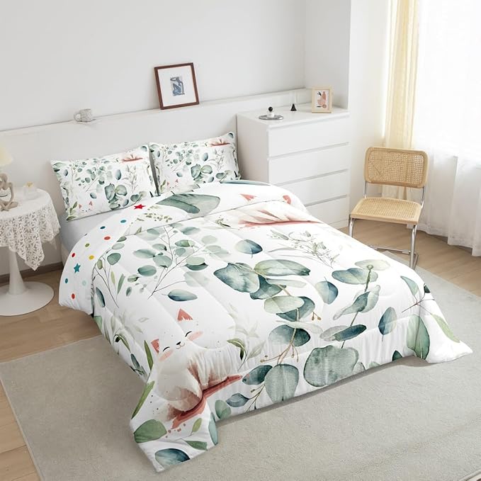 Erosebridal Kawaii Cat Toddler Comforter Set for Boys Girls Cartoon Animal Bedding Set Toddler, Eucalyptus Leaves Bedding Comforter Sets Pet Kitten Duvet Set, Tropical Plants Quilted Comforter