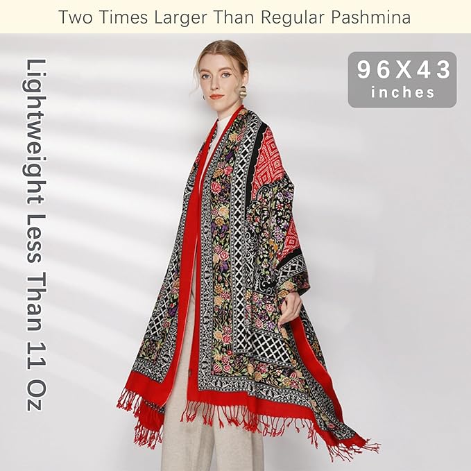 DANA XU 100% Merino Wool Pashmina Shawl for Women 96"x43", Oversized Cashmere Wrap with Tassels, Floral Travel Blanket Cape