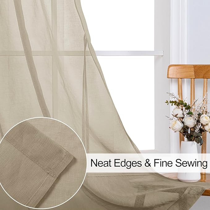 XWZO Camel Sheer Curtains for Living Room Bedroom - Faux Linen Look Voile See Through Drapes Grommet Top Window Curtain Panel, 52 x 90 Inches Long, Set of 2 Panels