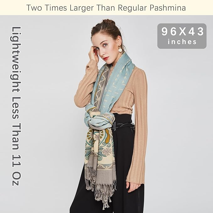 DANA XU 100% Merino Wool Pashmina Shawl for Women 96"x43", Oversized Cashmere Wrap with Tassels, Floral Travel Blanket Cape