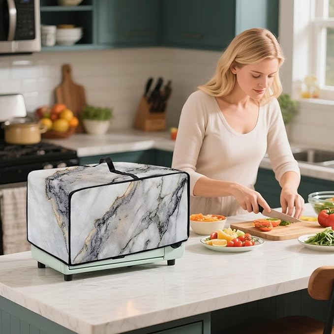 White Marble Texture Print Microwave Oven Dust Cover Sturdy Polyester-Linen Fabric Dust Cover for Microwave Oven Waterproof Universal Kitchen Appliance Protector, L