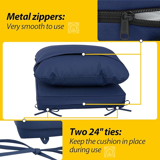 AAAAAcessories Outdoor Deep Seat Cushions, Waterproof, Fade-Resistant Patio Furniture Replacement Cushions, 25.5" x 25.5" x 5" + 25.5" x 19", Set of 4, Navy Blue