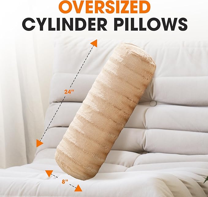 Cheer Collection Faux Fur Bolster Pillows – Soft Decorative Cylinder Pillows for Bed or Couch, Machine Washable – 8” x 24”, Set of 2, Sand