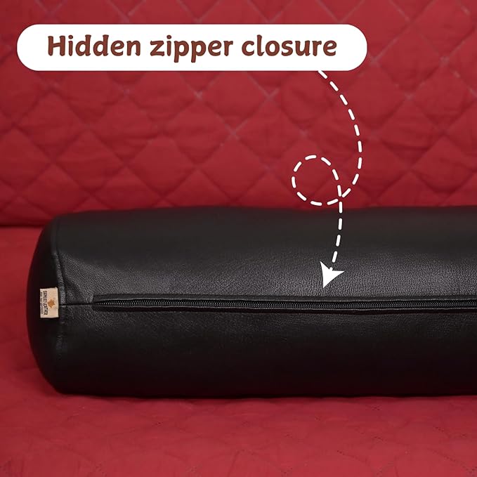 Neck Roll Pillow Cushion Cover, 24x7 Inch Full Moon Round Bolster Pillow Case, Cylinder Soft Lambskin Leather Pillowcase for Head, Spine & Neck Support During Sleep - Black Pack of 1