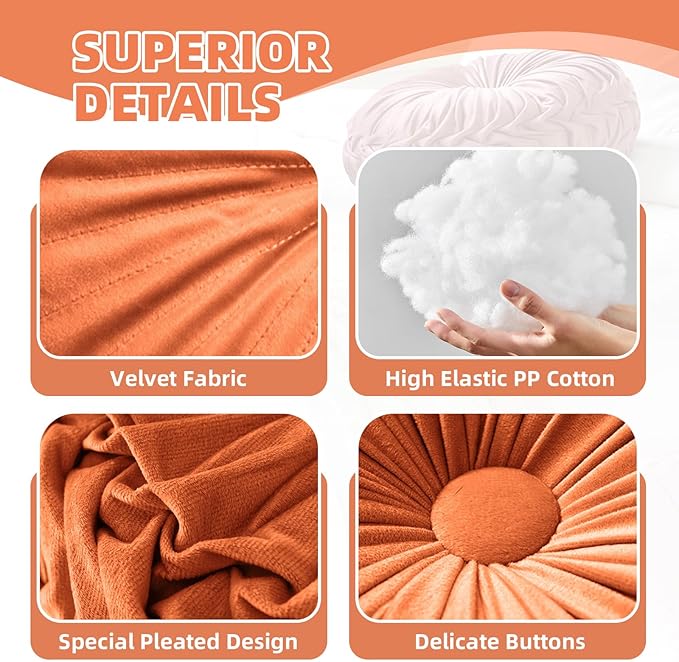 2 Pcs Round Throw Pillows Pleated Velvet Pumpkin Round Pillows Floor Cushion for Living Room Couch Chair Bed Sofa 15.7"x15.7"/13.8" x 13.8" (Yellow)
