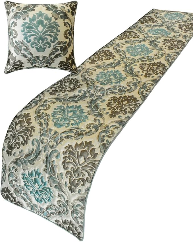 The HomeCentric King/Queen/Twin Blue Designer Twin 53"x18" Bed Runner with 2 Pillow Cover, Damask Bed Scarf on Jacquard Fabric - Royal Elegance