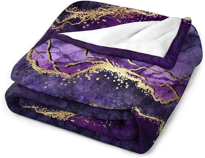Modern Marble Blanket, Abstract Luxury Baroque Art Golden Purple Stone Veins Pattern Soft Warm Cozy Plush Flannel Covers for Livingroom Bedroom Couch Chair Camping Travel Home Decor Tapestry 50x60in