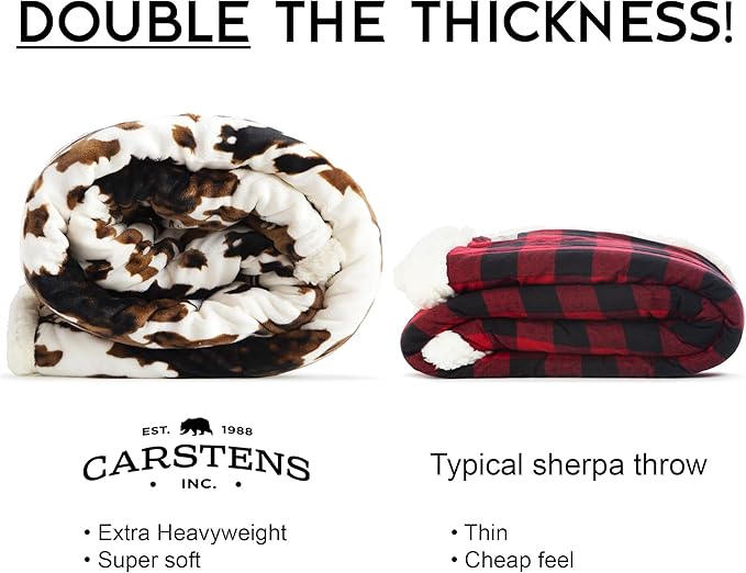 CARSTENS, INC. Wrangler Ultra Premium Super Soft Plush Sherpa Fleece Oversized Throw Blanket 54" x 68", Tri-Color Cowhide