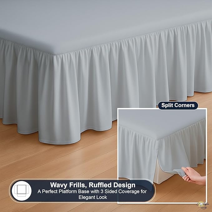 Cottington Lane Ruffled Bed Skirt Twin Size with Split Corner, Brushed Microfiber Hotel Quality Silver Grey Dust Ruffle, 15 Inch Drop Gathered Bedskirt, Soft and Stylish, Shrinkage and Fade Resistant