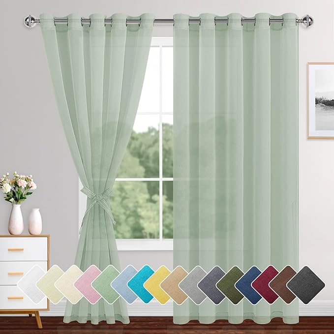 XWZO Sheer Curtains 84 Inches Length 2 Panels for Living Room with Tiebacks, Light & Airy, Eyelet Top Light Filtering Semi Transparent Window Curtains for Bedroom, Bean Green, 60 x 84 Inches Long
