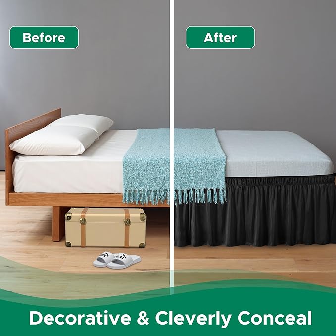 Biscaynebay Wrap Around Bed Skirts for Queen Beds 16" Drop, Black Adjustable Elastic Dust Ruffles Easy Fit Wrinkle & Fade Resistant Silky Luxurious Fabric Solid Machine Washable