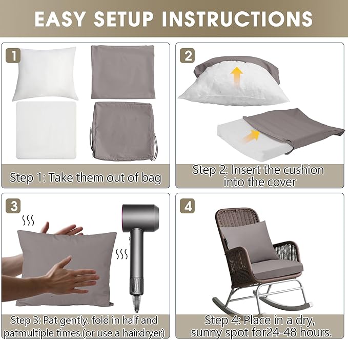 Outdoor Seat Cushion Set 22 x 22 In, Water-Resistant & Fade-Resistan, Patio Furniture Cushions with Removable Cover Deep Seat & Back Cushion with Handle and Adjustable Straps for Chair Sofa,2PC