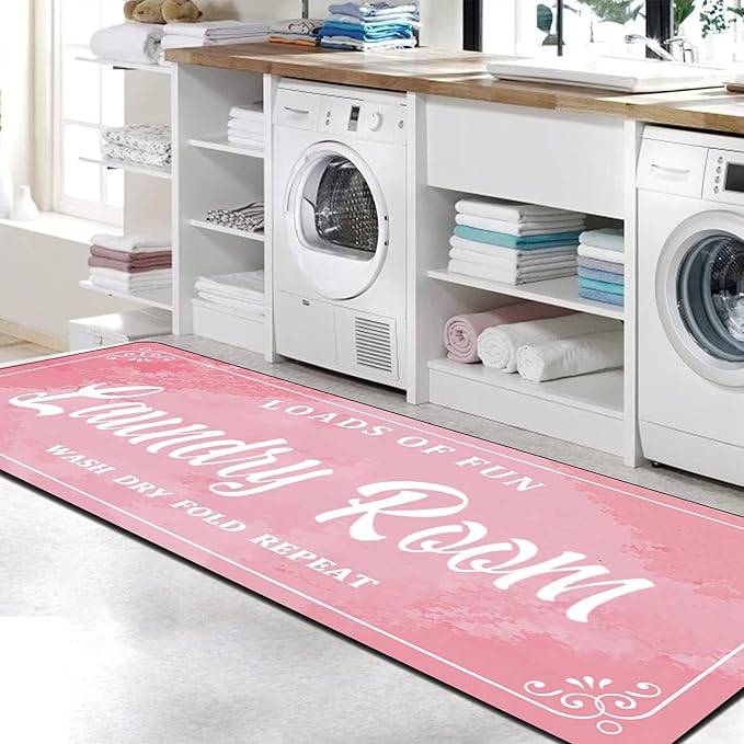 Laundry Room Rug Non Slip Floor mats Farmhouse Large Laundry Rugs for Pink Laundry Runner Room Mat Washer and Dryer Carpet Laundry Room Decor 20x47inch(Pink)