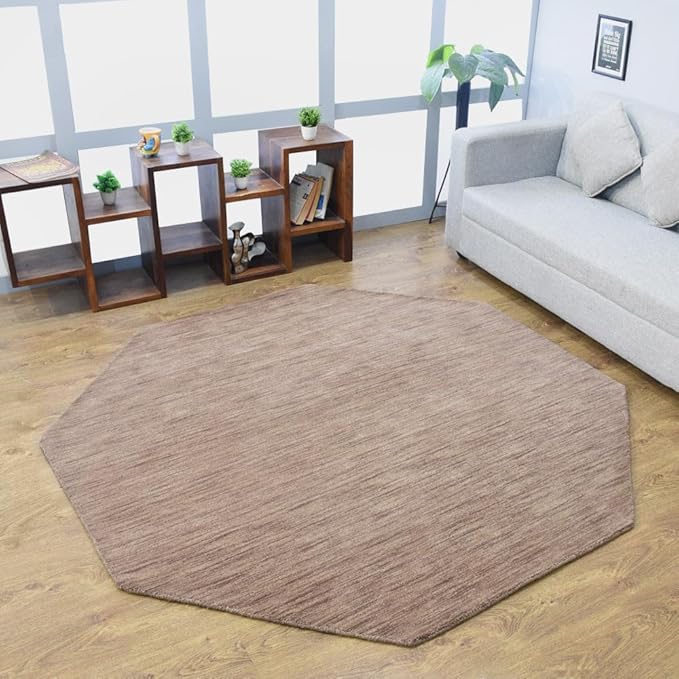 Hand Knotted Loom Wool ECO-Friendly Area Rugs - 10'x10', Octagon, Light Brown Color, Solid Plain Design, High Pile Thick Handmade Anti Skid Rugs for Living Room (L00111)