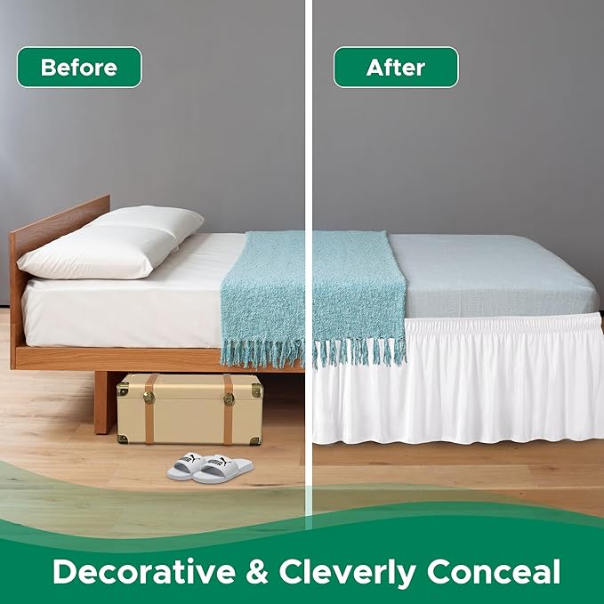Biscaynebay Wrap Around Bed Skirts for King & Cal King Beds with Long Drop of 18", White Adjustable Elastic Dust Ruffles Easy Fit Wrinkle Resistant Silky Luxurious Fabric Machine Washable