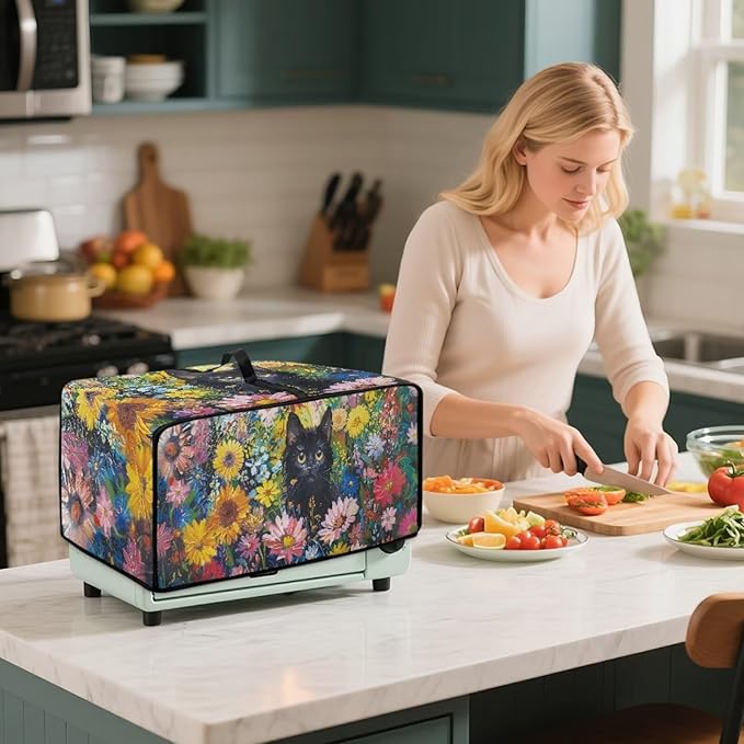 Microwave Oven Dust Cover Heavy Duty Microwave Oven Cover Waterproof Dust-Proof Kitchen Machine Covers Case Protections for Toaster Oven, Oil Painting Cat Sunflower Daisy Print, S