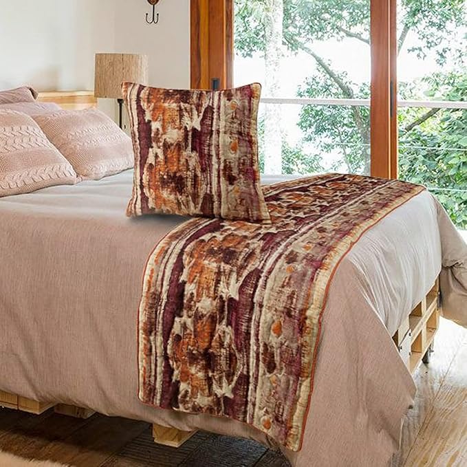 The HomeCentric King Queen Twin Pink & Orange Designer Queen 74"x18" Bed Runner with Pillow Cover, Ikat & Quilted Bed Scarf on Cotton Printed Fabric - Ikat Splash