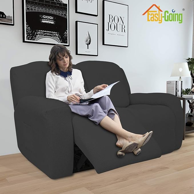 Easy-Going 6 Pieces Recliner Loveseat Stretch Sofa Slipcover Sofa Cover Furniture Protector Couch Soft with Elastic Bottom Kids, Spandex Jacquard Fabric Small Checks Dark Gray
