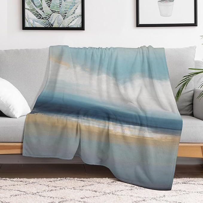 Fashion Gradient Blanket, Modern Art Abstract Blue Sea View Painting Strokes Pattern Soft Warm Cozy Plush Flannel Covers for Livingroom Bedroom Couch Chair Camping Travel Home Decor Tapestry 40x50in
