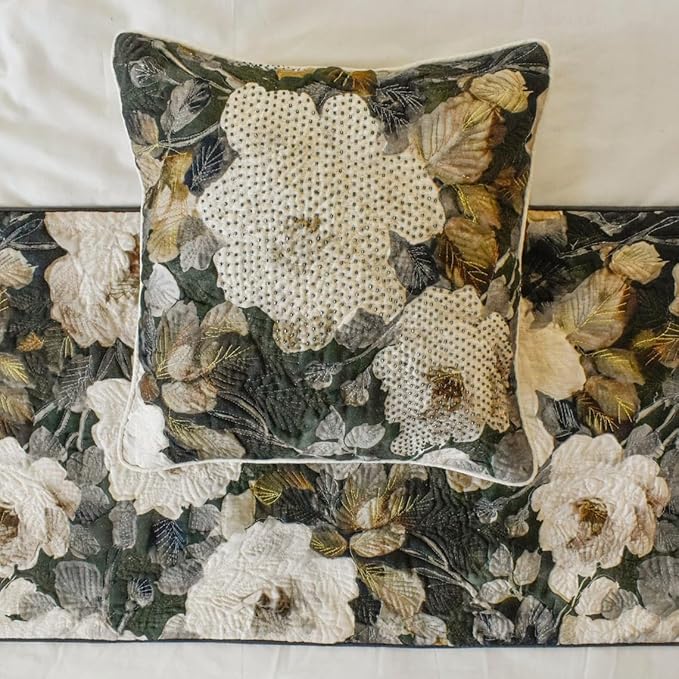 The HomeCentric King/Queen/Twin Gray & Brown Designer King 90"x18" Bed Runner with 2 Pillow Cover, Rose, Floral & Bead Embroidery Bed Scarf on Cotton Fabric - Rada