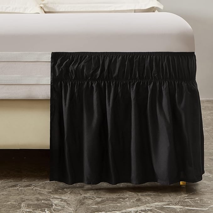 MEILA Wrap Around Bed Skirt Three Fabric Sides Elastic Dust Ruffled 24 Inch Tailored Drop,Easy to Install Fade Resistant-Black, Twin/Full