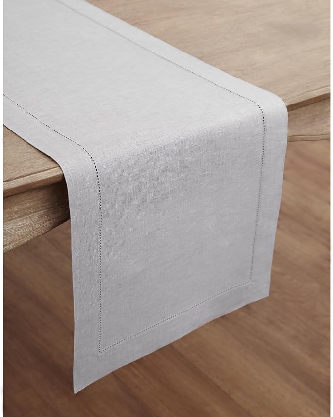 Solino Home Linen Soft Grey Table Runner 144 Inches Long - 100% Pure Linen Extra Long Table Runner 14 x 144 Inch for Christmas, New Year - Classic Hemstitch
