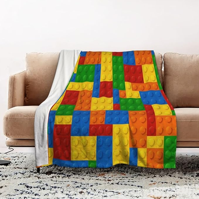 LOKMU Throw Blanket, Kids Colorful Blocks Ultra-Soft Cozy Flannel Blankets, Fuzzy Plush Lightweight Modern Blanket for Couch Sofa Bedding Home Decor, 60" L x 50" W