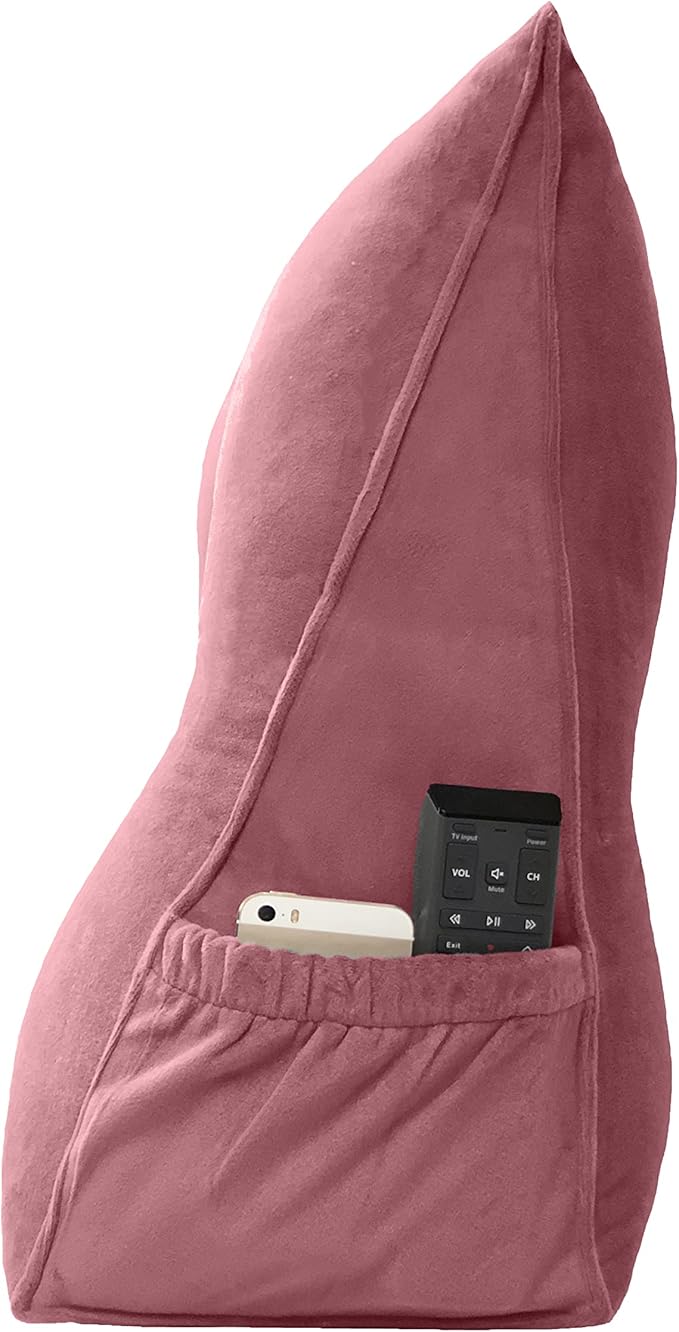 Triangular Reading Bed Rest Pillow Large Bolster Cushion Headboard Backrest Wedge Pillow with Removable Cover and Two Large Side Pockets (Pink, 47 x 8 x 20 inches)