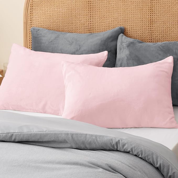 BEDELITE Flannel King Size Pillow Cases Set of 2, Super Soft Fleece Pillowcases with Zipper for Bedroom, Sofa, Couch,Luxury Cozy Fuzzy Velvet Pillow Shams for All Seasons(20x36 Inches,Pink)