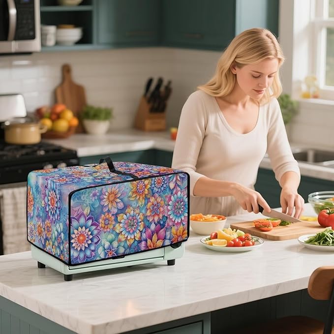 Boho Mandala Floral Print Microwave Oven Dust Cover with Storage Bags Universal Toaster Oven Cover Waterproof Polyester-Linen Fabric Kitchen Appliance Protector, S