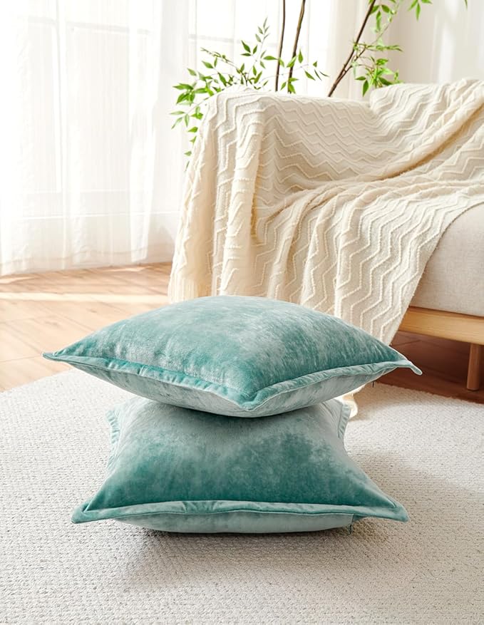 Luxurious Velvet Euro Shams Decorative Throw Pillow Covers 26x26 Set of 2 Solid Square Euro Pillow Shams for Sofa Couch Bedroom, Aqua Green