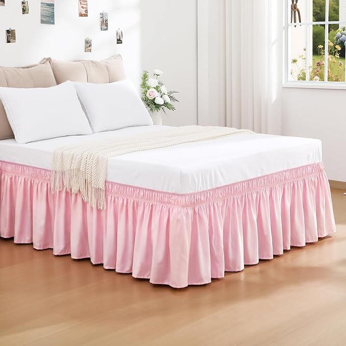 RIMELA Bed Skirt Twin Size Dusty Pink 15 Inch Drop, Wrap Around Elastic Bedskirt, Dust Ruffle for Adjustable Bed Base Soft Durable Fabric Machine Washable Easy to Install Bed Skirts