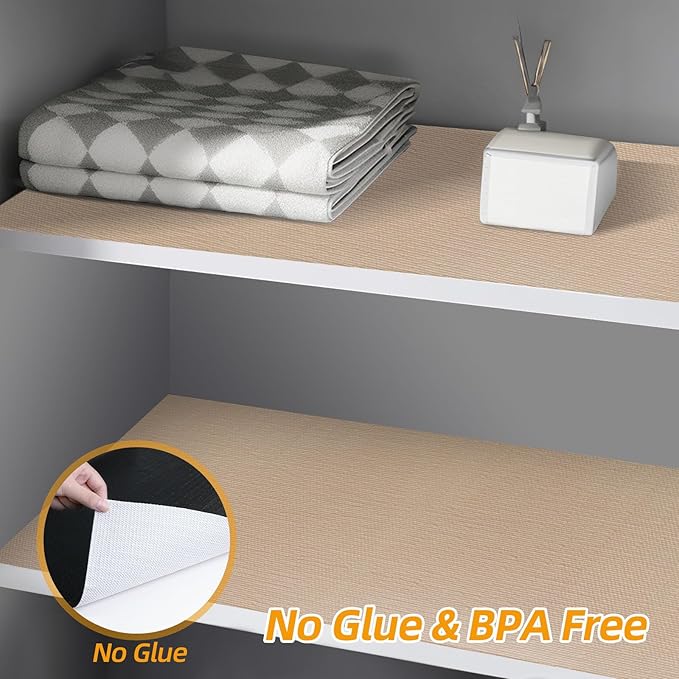 Shelf and Drawer Liner for Kitchen Cabinets Non-Adhesive, Strong Grip Non-Slip Thickened Cabinet Liners for Shelves, Waterproof Mats for Dresser Cupboard, Khaki, 17 in x 20 Feet