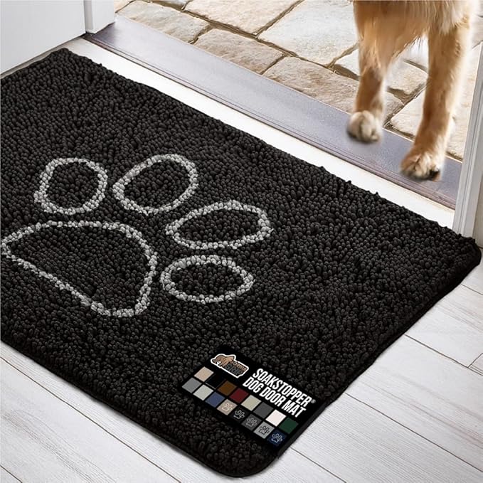 GORILLA GRIP SOAKSTOPPER Dog Door Mat, 36x24 Machine Washable Rug Absorbent Doormat Captures Moisture Mud Dirt, Quick Dry Soft Chenille Entryway Rugs Indoor Entrance Mats for Dog Paws, Black White