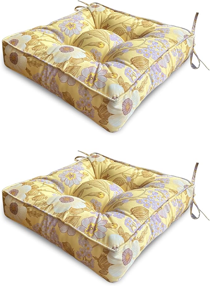 ARTPLAN Outdoor Seat Cushion,Square Thick Tufted Pure Chair Cushion for Patio Wicker Chair with Tie,Set of 2,19"x19"x5"，Floral
