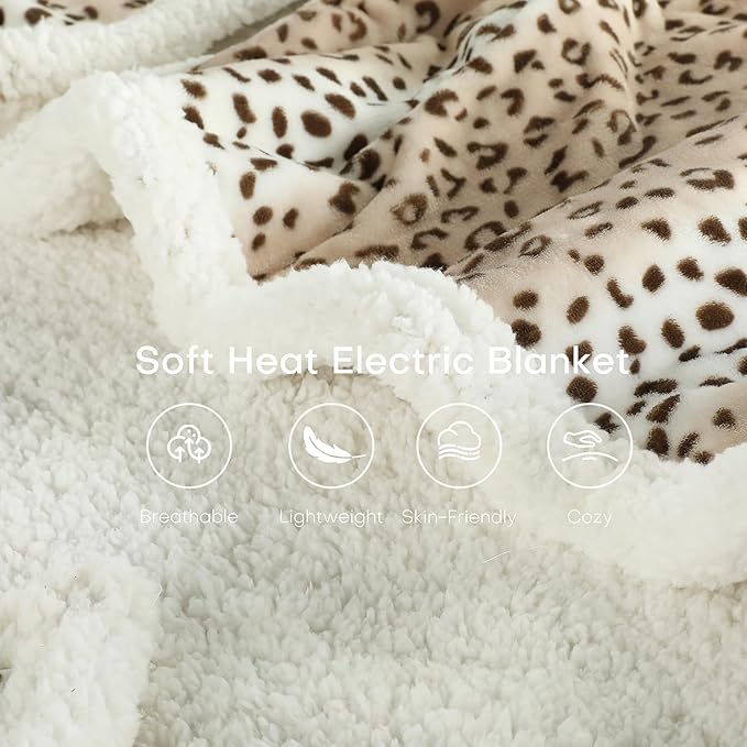 Electric Heated Blanket Queen Size 84"x90" - Dual-Sided with Microplush & Sherpa Fabric, 4 Heat Settings & 10 Hours Auto Off - Beige Leopard Print