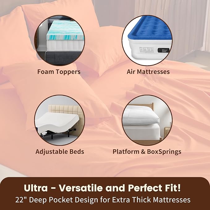 100% Linen Sheet Set King Size Extra Deep Pocket Fits 18-24 Inch Mattress, Breathable & Soft, Smooth 4-Piece Set for Thick Mattresses Hotel Luxury Bedding（King, Orange）