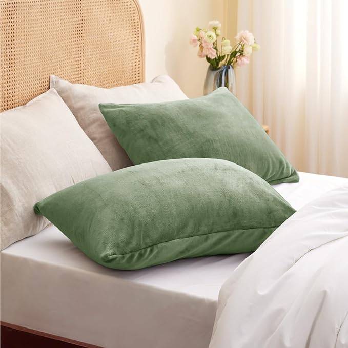 BEDELITE Flannel King Size Pillow Cases Set of 2, Super Soft Fleece Pillowcases with Zipper for Bedroom, Sofa, Couch,Luxury Cozy Fuzzy Velvet Pillow Shams for All Seasons(20x36 Inches,Sage Green)
