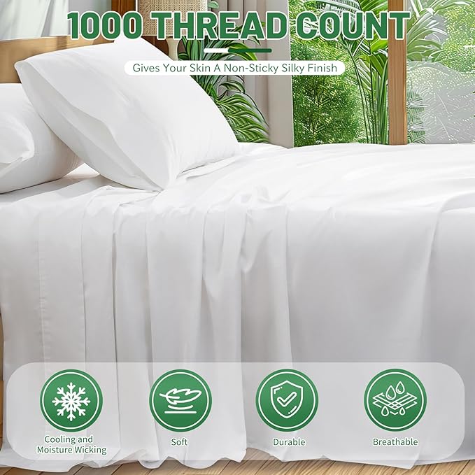 Egyptian Cotton Sheets Full Size 4PCS 1000 Thread Count Sateen Weave Soft Breathable 16-Inch Deep Pocket （Full,White）